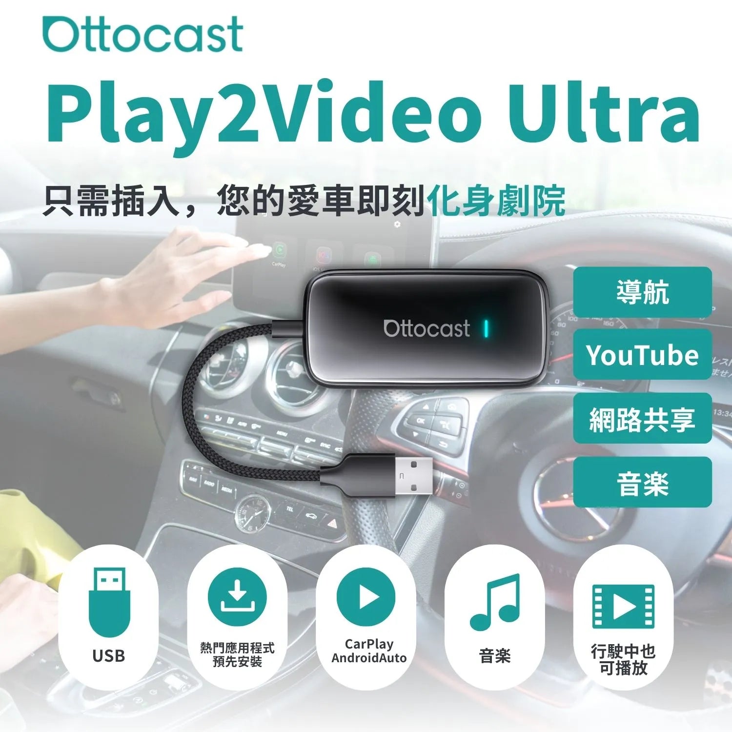 Play2Video Ultra 無線CarPlay / Android Auto 及影片應用一體化接收器
